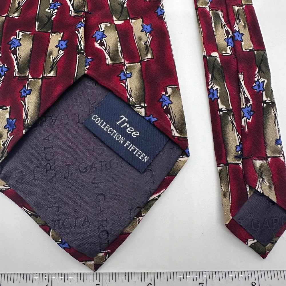 J. Garcia Necktie Floral Burgundy Blue Abstract Silk Tie‎